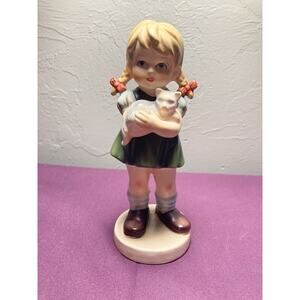 1973 AVON 5" Porcelain Figurine: Young Girl holding Kitten / Cat
